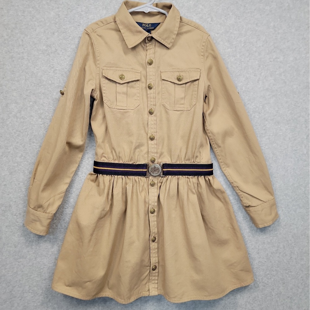 Polo Ralph Lauren Girls Crest Belted Cotton Twill Shirt Dress Classic Tan Sz 10